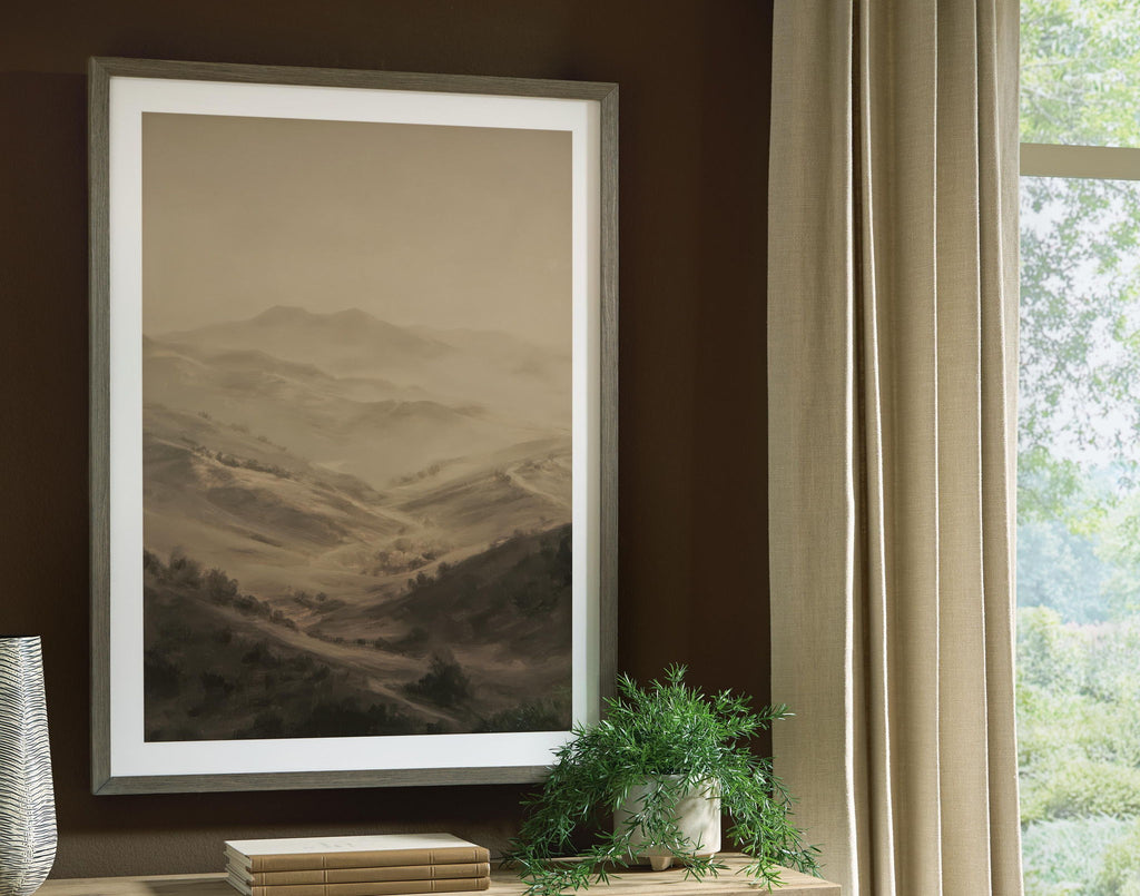 Framed mountain landscape wall art print in beige and brown tones