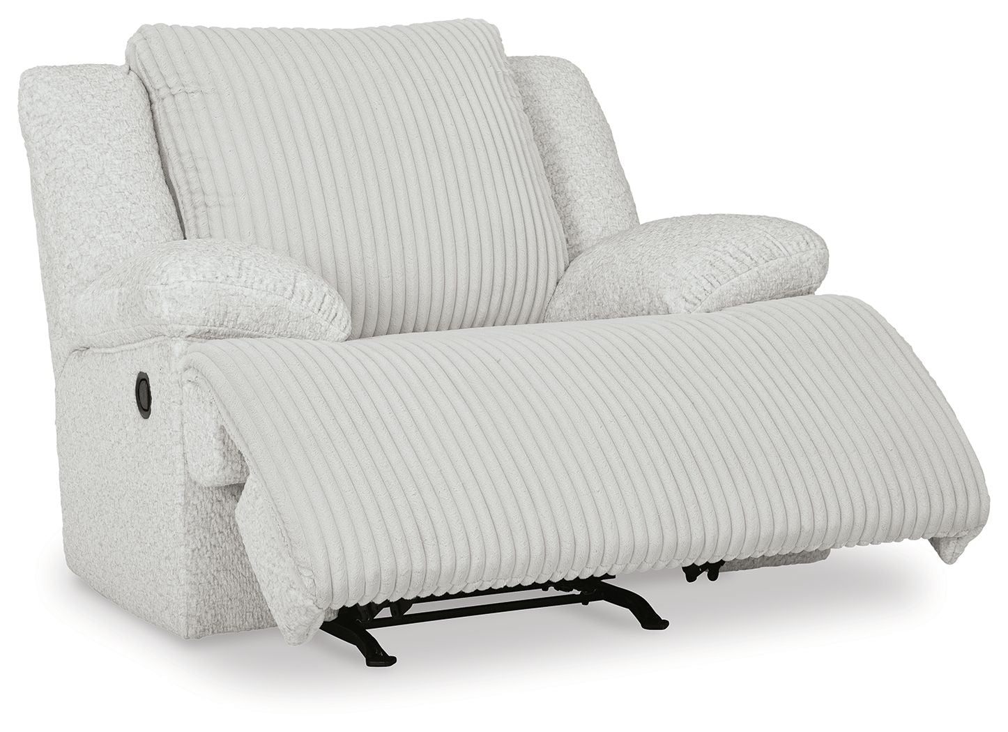 White rocker recliner chair with ribbed seat, reclined back, and footrest