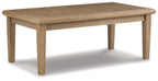 Rectangular wooden cocktail table with slatted surface and tapered legs