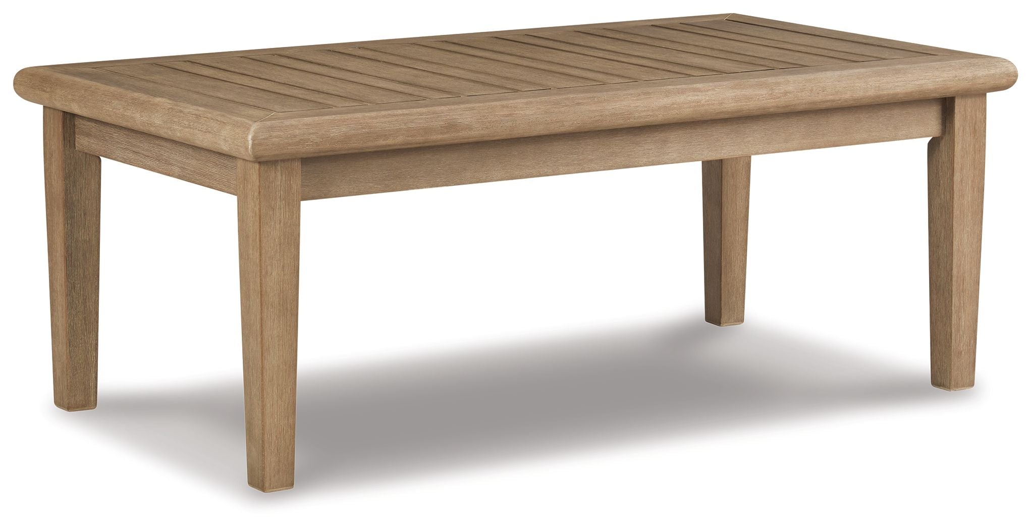 Rectangular wooden cocktail table with slatted surface and tapered legs