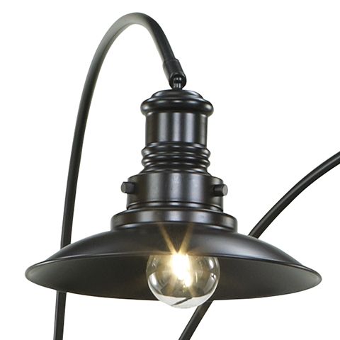 Black metal dome lamp shade with exposed bulb and curved arm detail