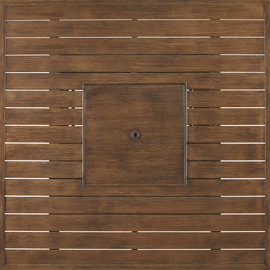 Fire pit table access panel with wood slats and round metal latch