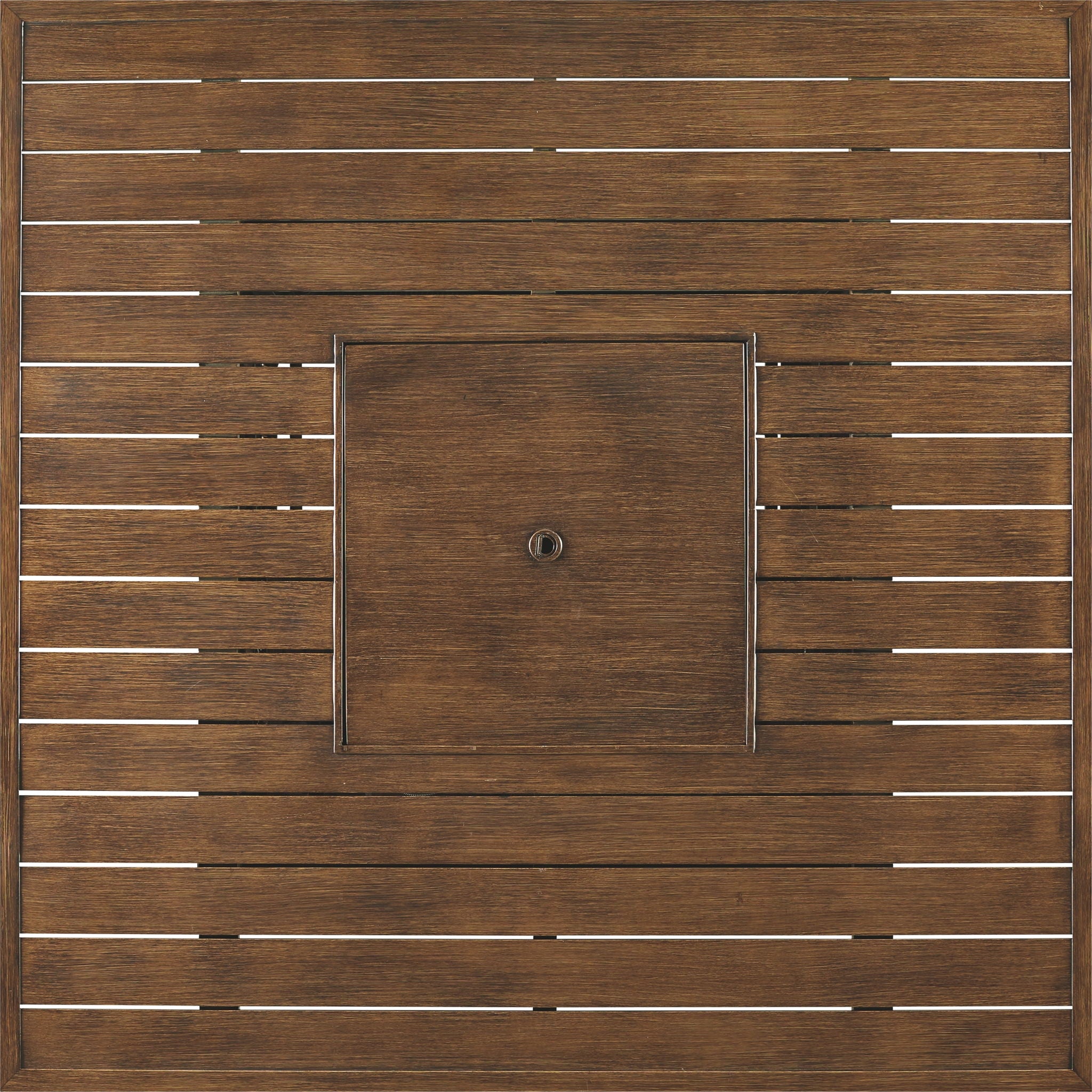 Fire pit table access panel with wood slats and round metal latch