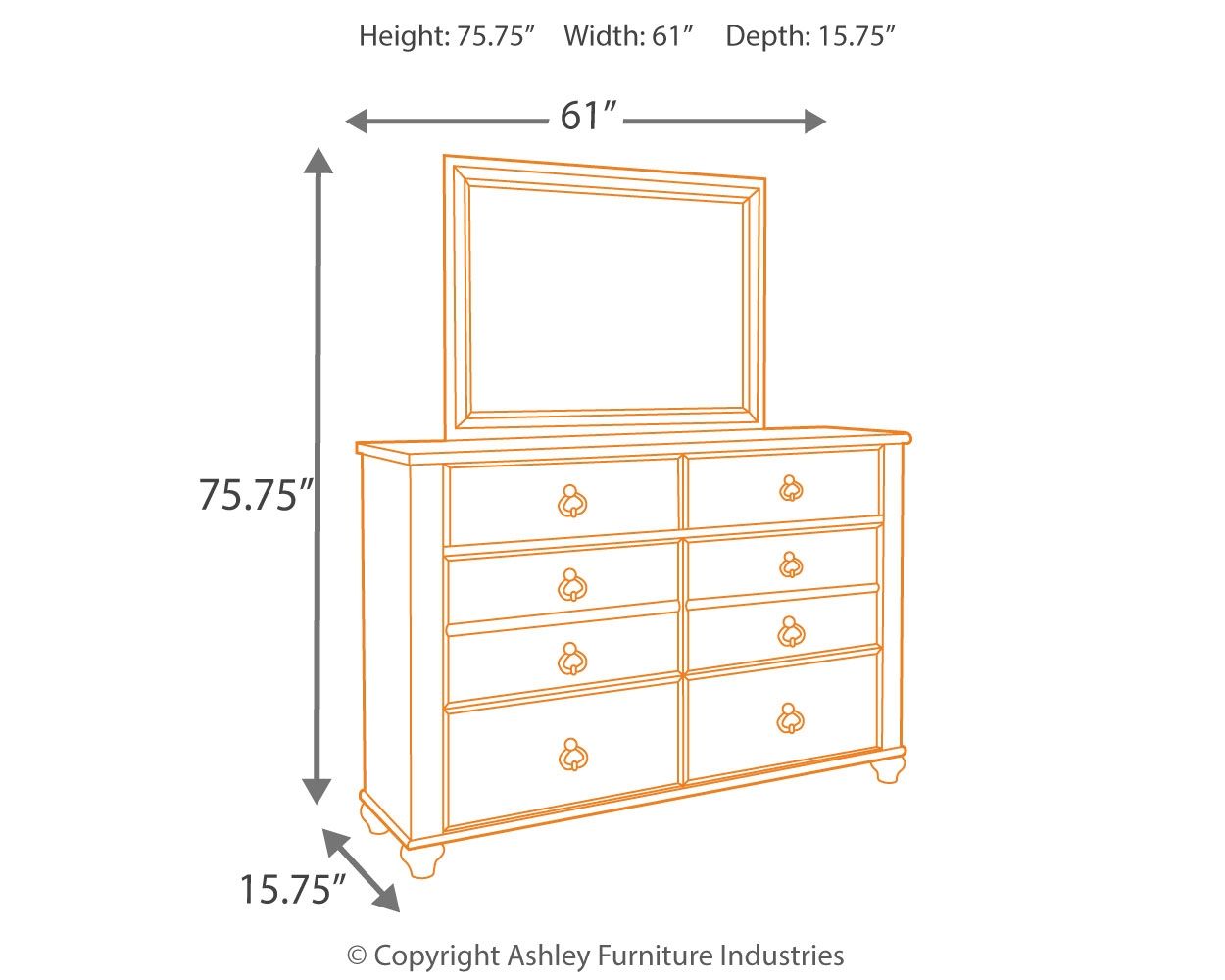 Beige dresser with mirror, six-drawer front with knob pulls; size shown