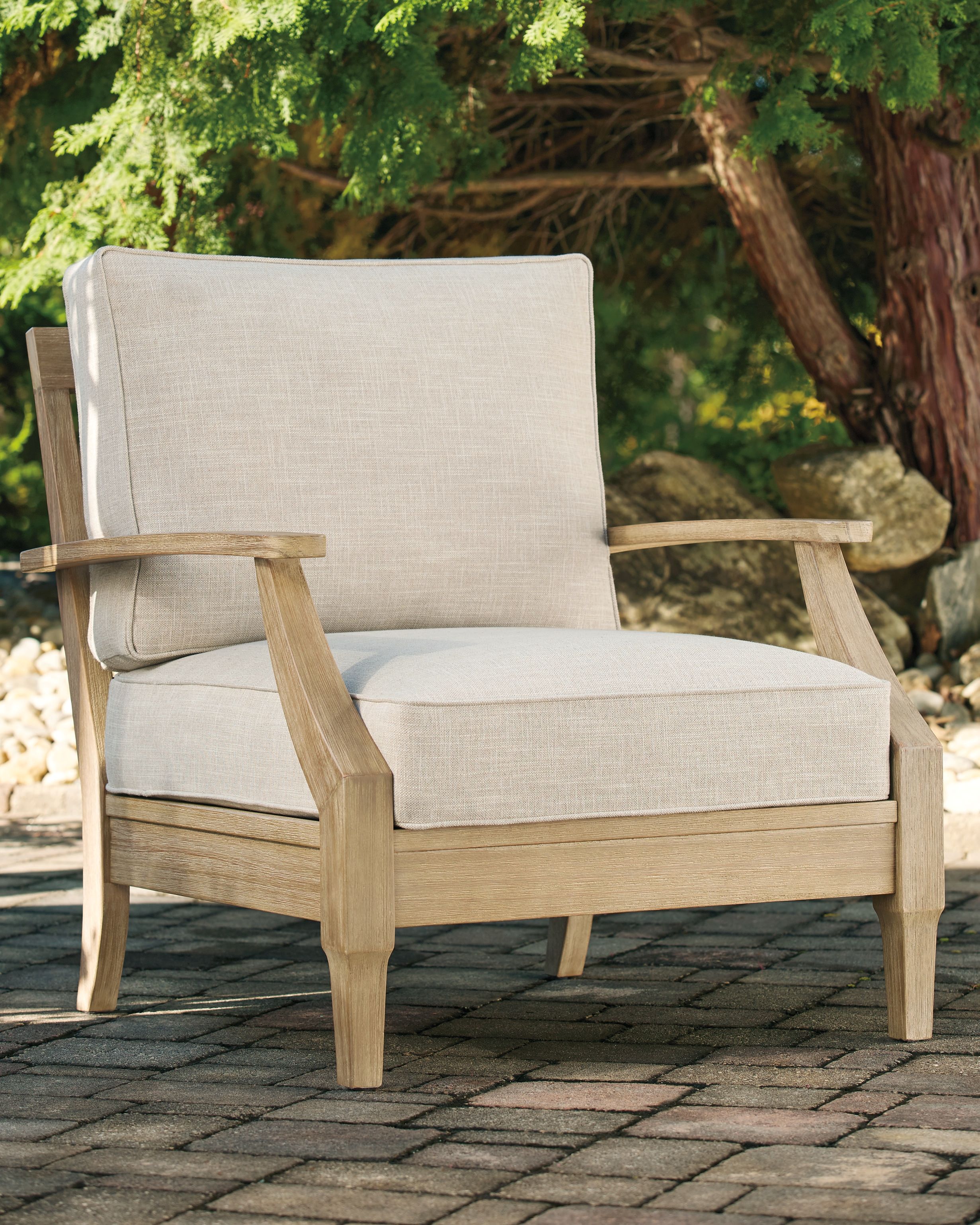Clare View lounge chair with cushion, beige seat and back, wide wooden arms