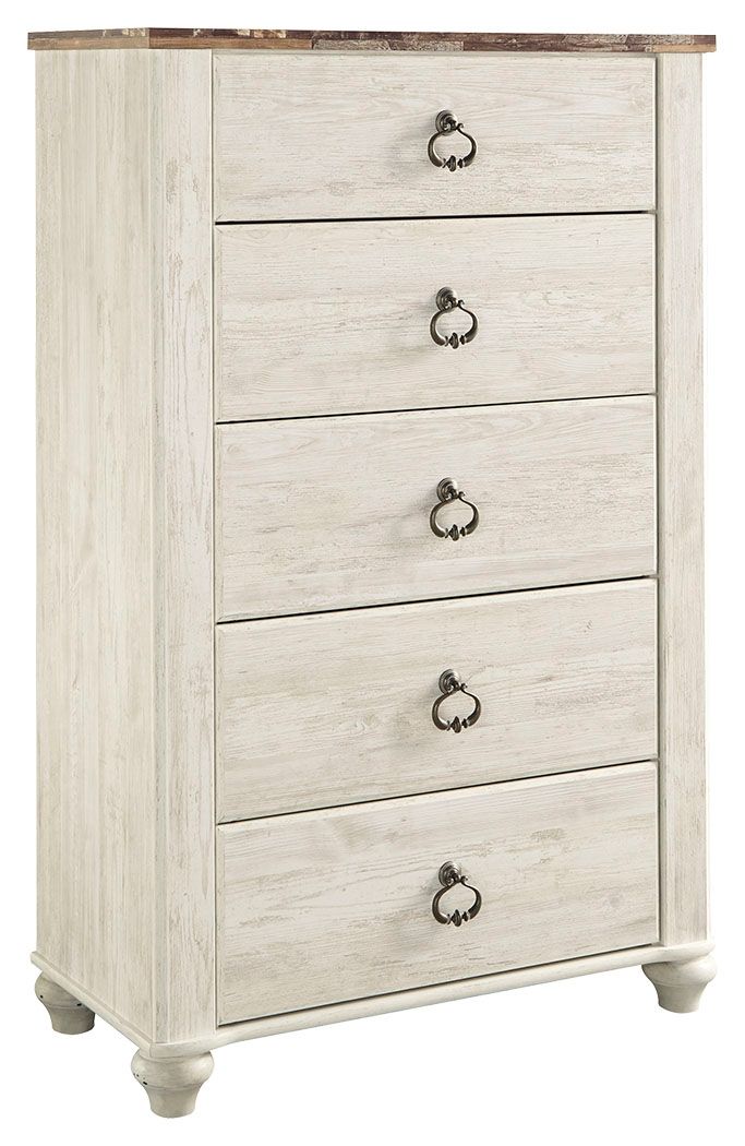 Distressed light wood five-drawer chest with decorative dark metal drawer pulls
