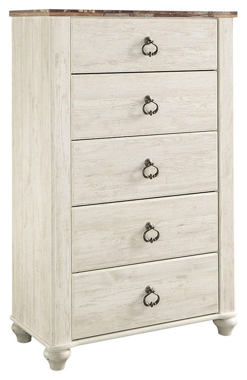 Distressed light wood five-drawer chest with decorative dark metal drawer pulls