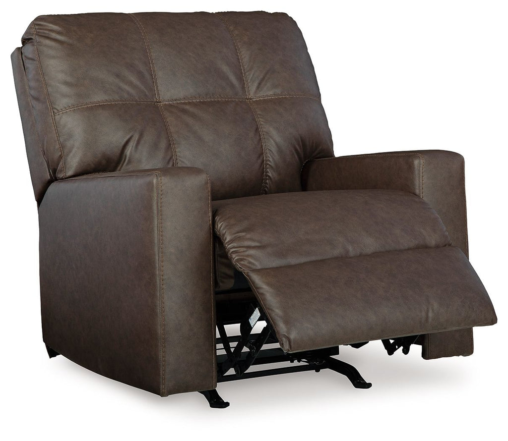 Brown rocker recliner with tufted back, padded arms, and pull-out footrest