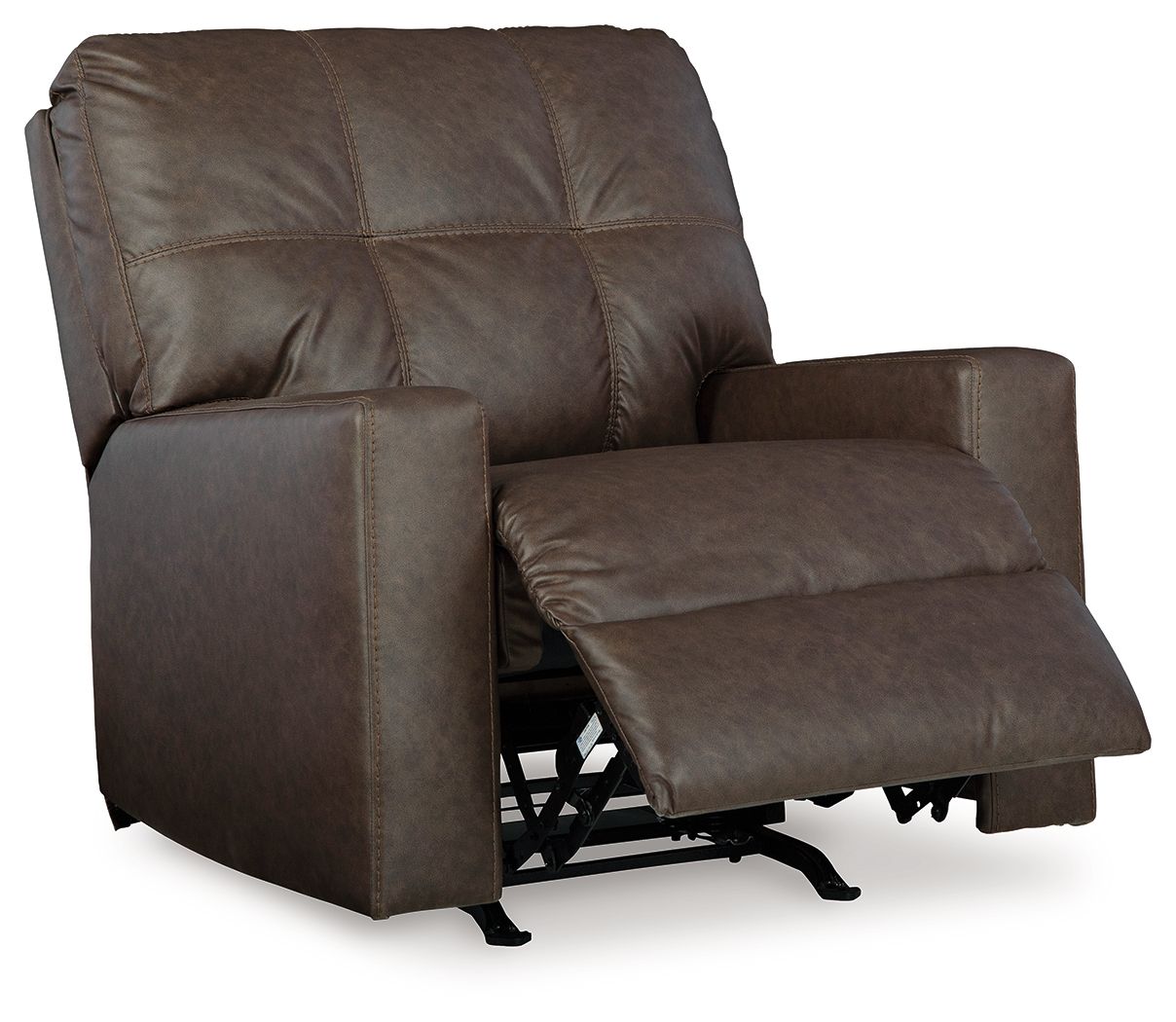 Brown rocker recliner with tufted back, padded arms, and pull-out footrest