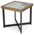 Square end table with light stone-look top and dark wood frame, angled view of base