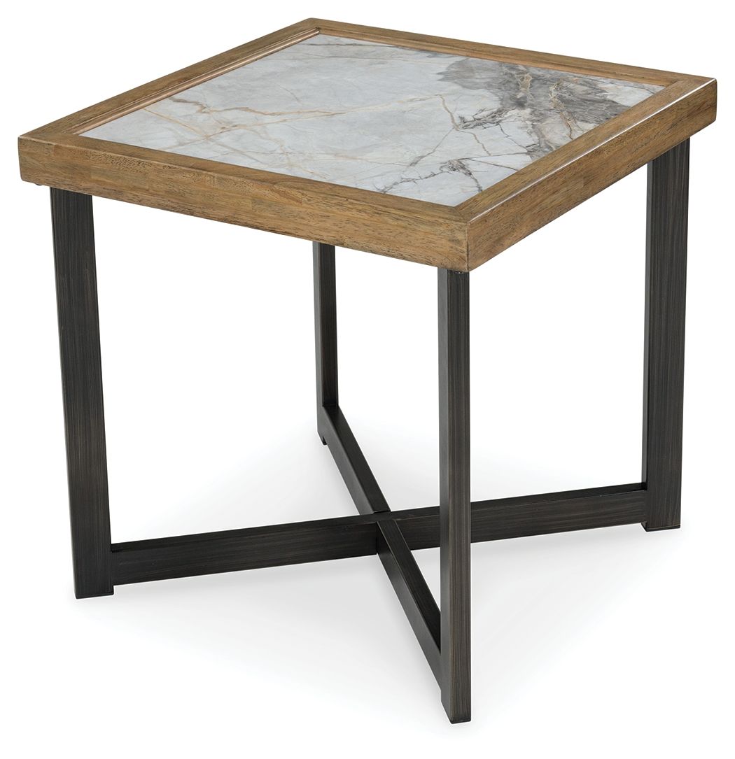 Square end table with light stone-look top and dark wood frame, angled view of base