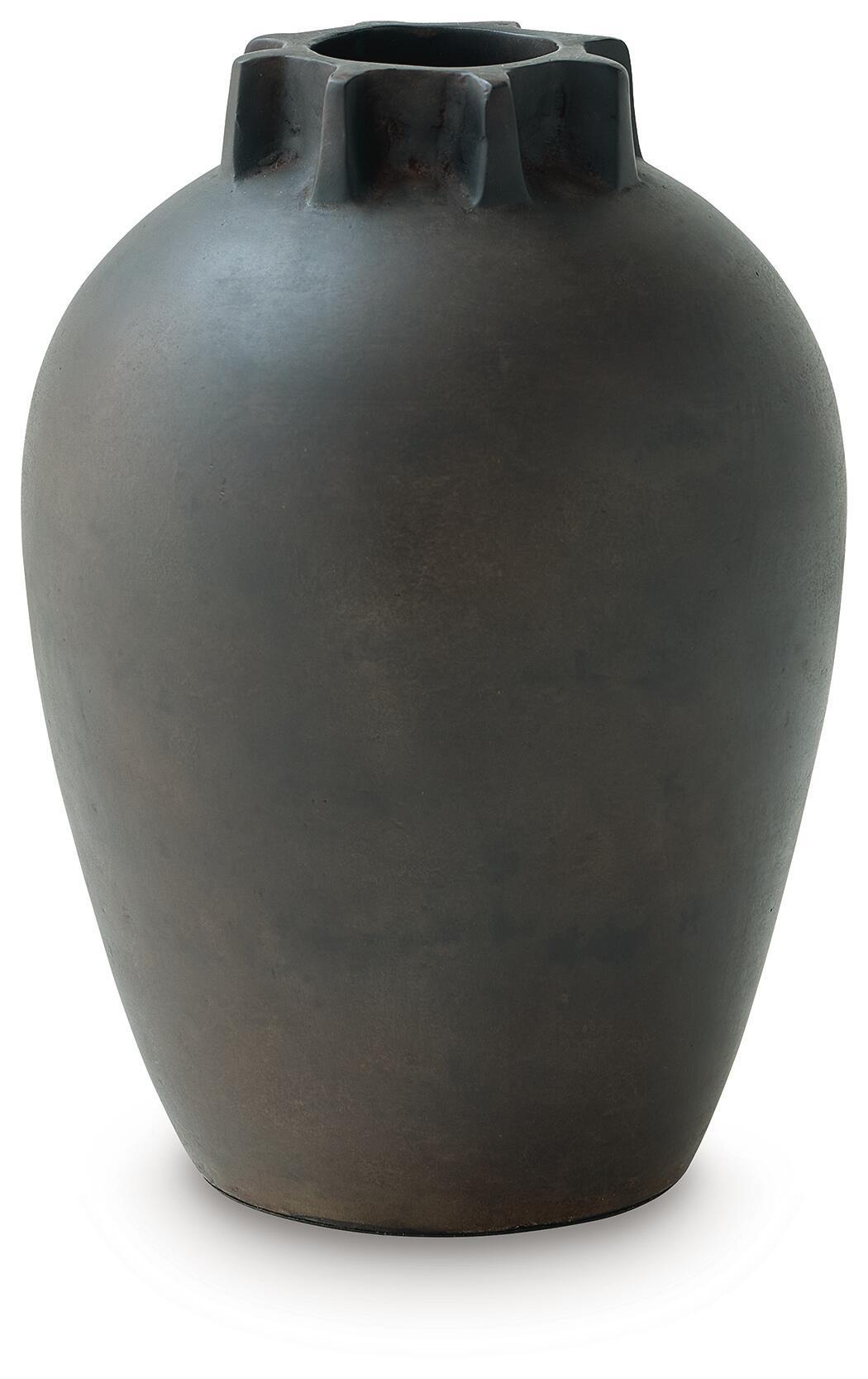 Antique black ceramic vase with ribbed collar and fluted rim