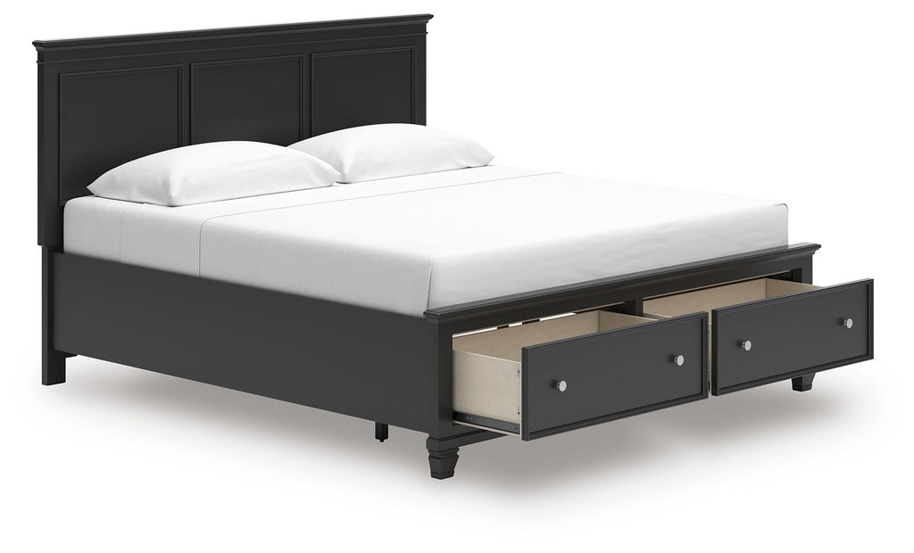Black panel bed frame with one drawer at the footboard and paneled headboard