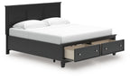 Black panel bed frame with one drawer at the footboard and paneled headboard