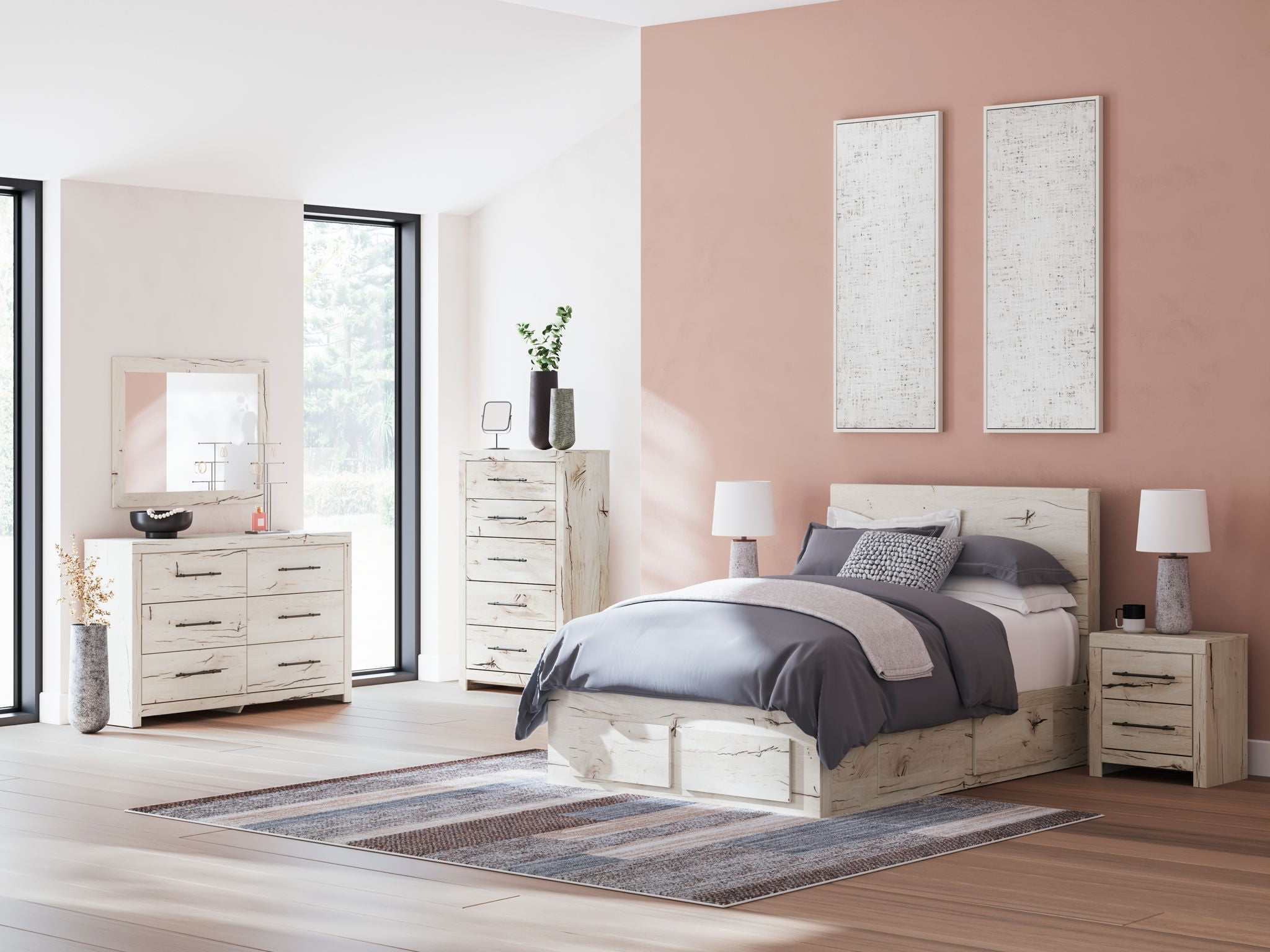 Storage bedroom set: light wood bed with under-storage drawers, dresser and mirror, nightstands