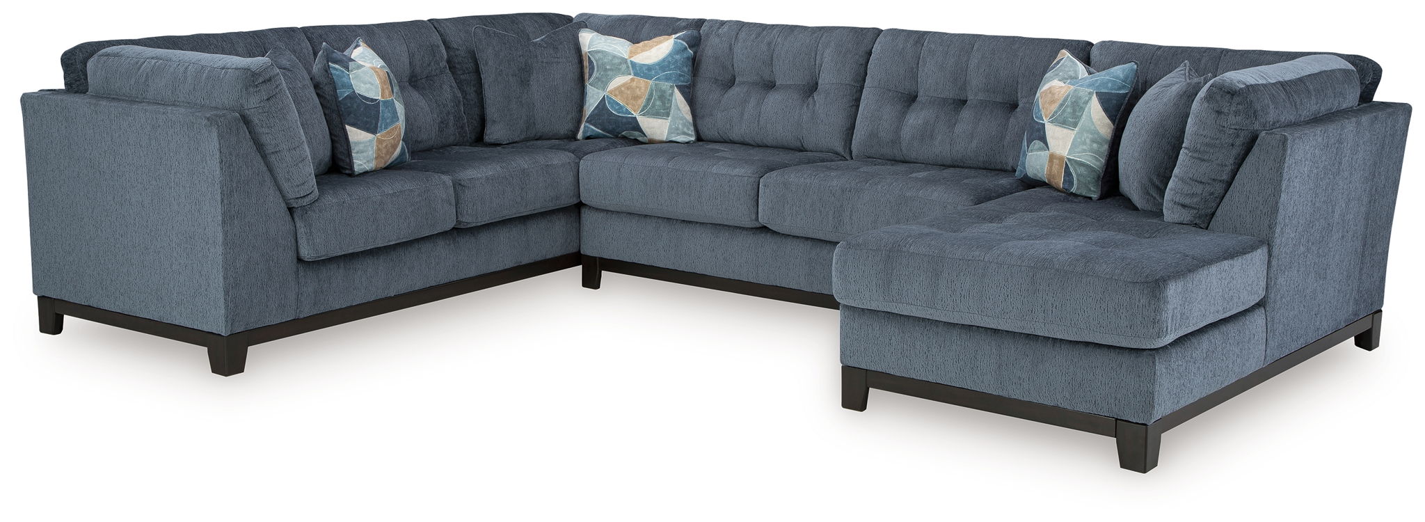 Blue L-shaped corner sectional with chaise and throw pillows