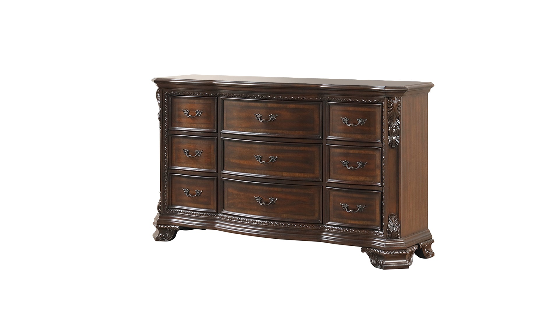 Dark Walnut 9-Drawer Traditional Wood Dresser - Metal Pulls