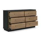 Six-drawer dresser with open top compartments, light wood drawer fronts, black frame