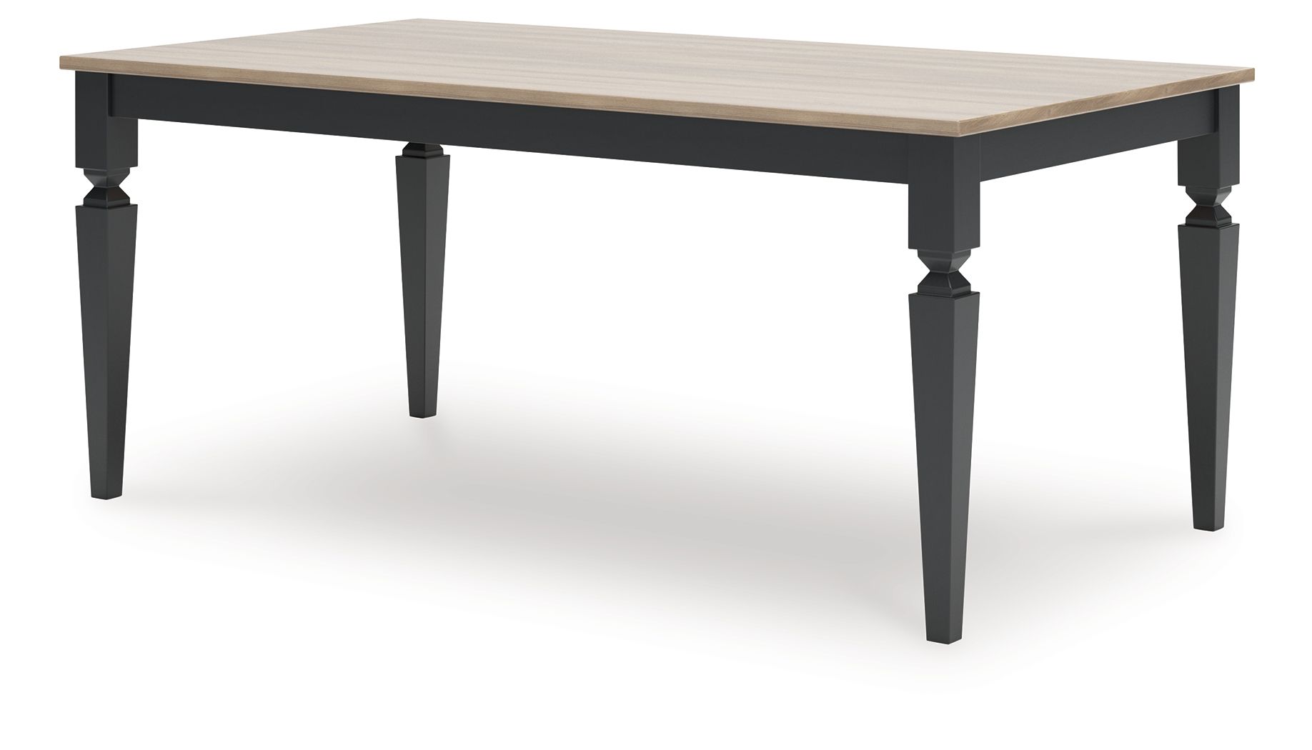 Rectangular dining table with light wood surface and dark legs