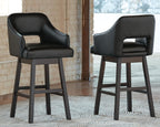 Black upholstered barstools with padded seat, curved back, and footrest rails, set of 2