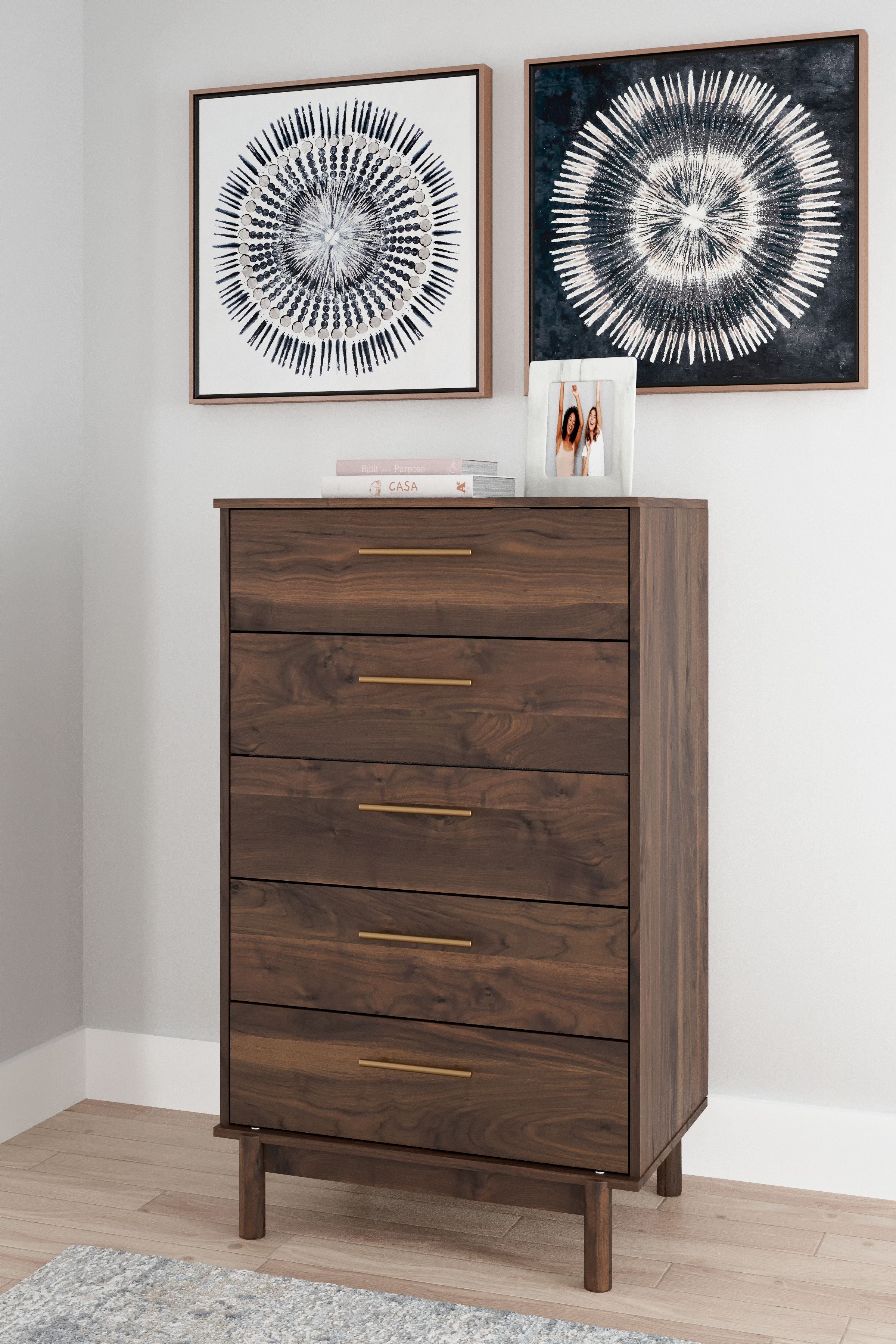 Mocha wood accent drawer chest with brass bar handles, tall front view with multiple drawers