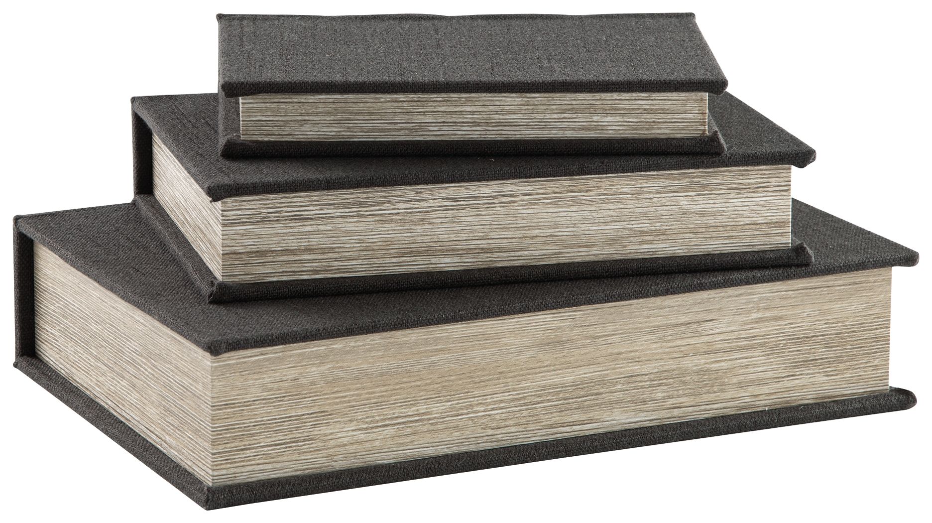 Decorative box set with stacked dark gray fabric lids and wood-textured sides.