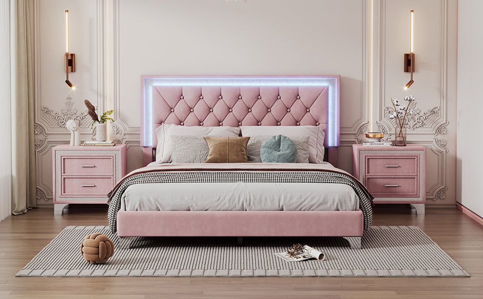 Pink Queen Upholstered Bed Set w/ LED Lights & Nightstands