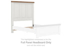 White full-panel headboard with brown top rail and vertical paneled design