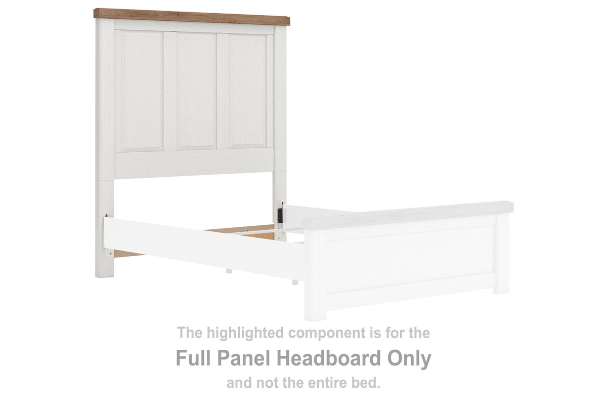 White full-panel headboard with brown top rail and vertical paneled design