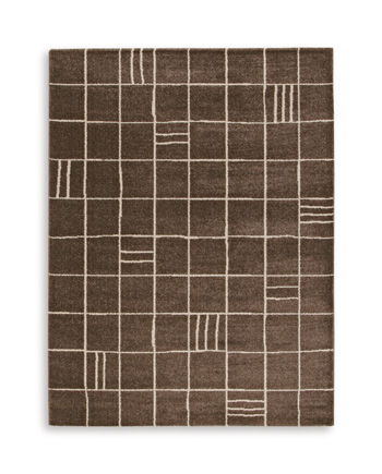 Dark brown rug with light grid lines and small striped abstract motifs