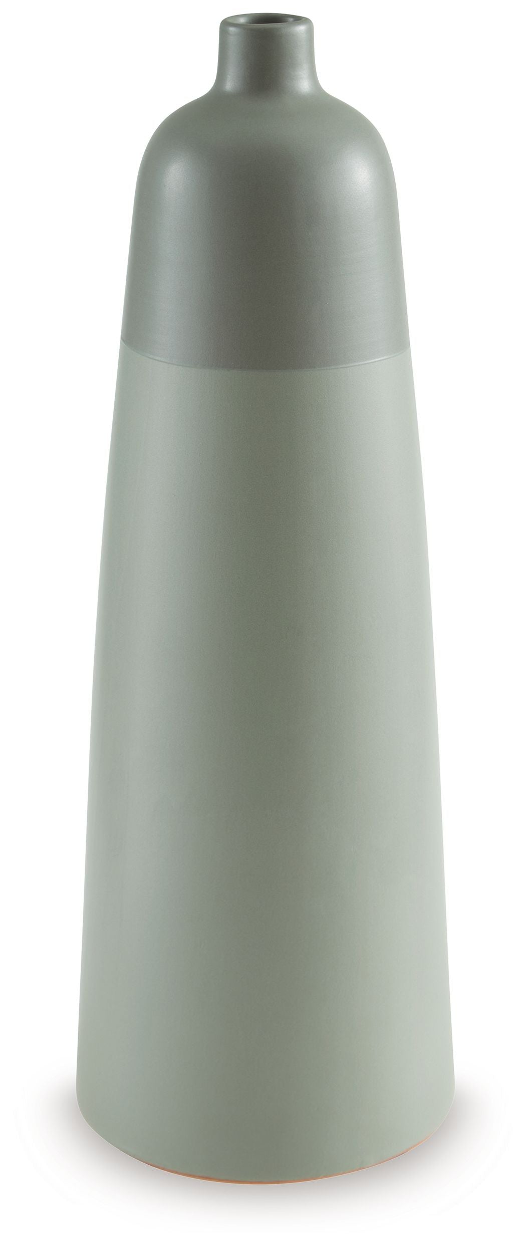 Sage green ceramic vase with straight sides and rounded shoulder