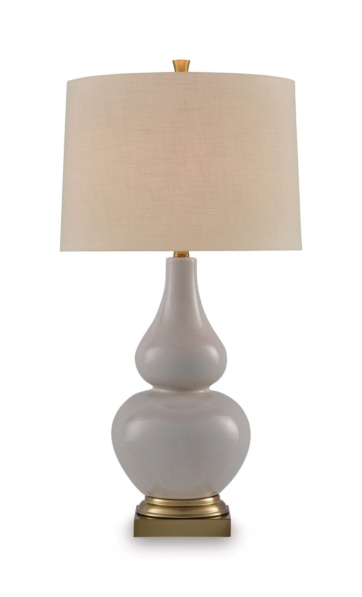 Ceramic table lamp with cream fabric shade, gray ceramic body and gold base