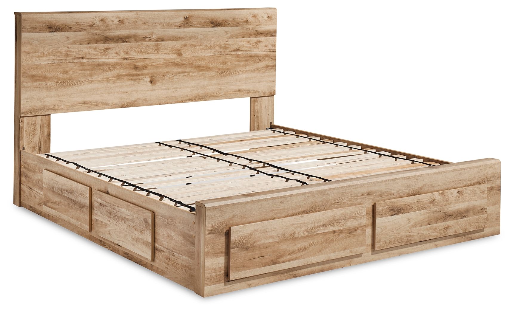 Storage bed frame in light wood with slatted base and front drawer panel