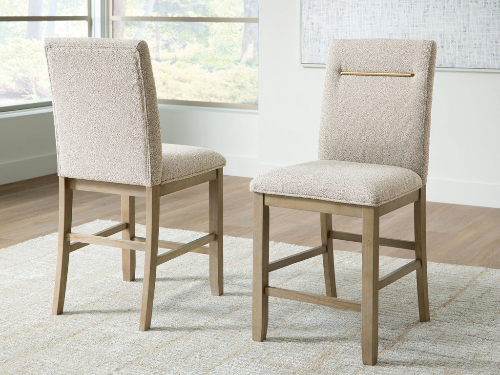 Set of 2 upholstered barstools with light brown fabric, wood frames, brass handle