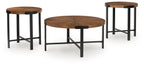 Set of 3 round occasional tables with brown wood tops and dark metal frames