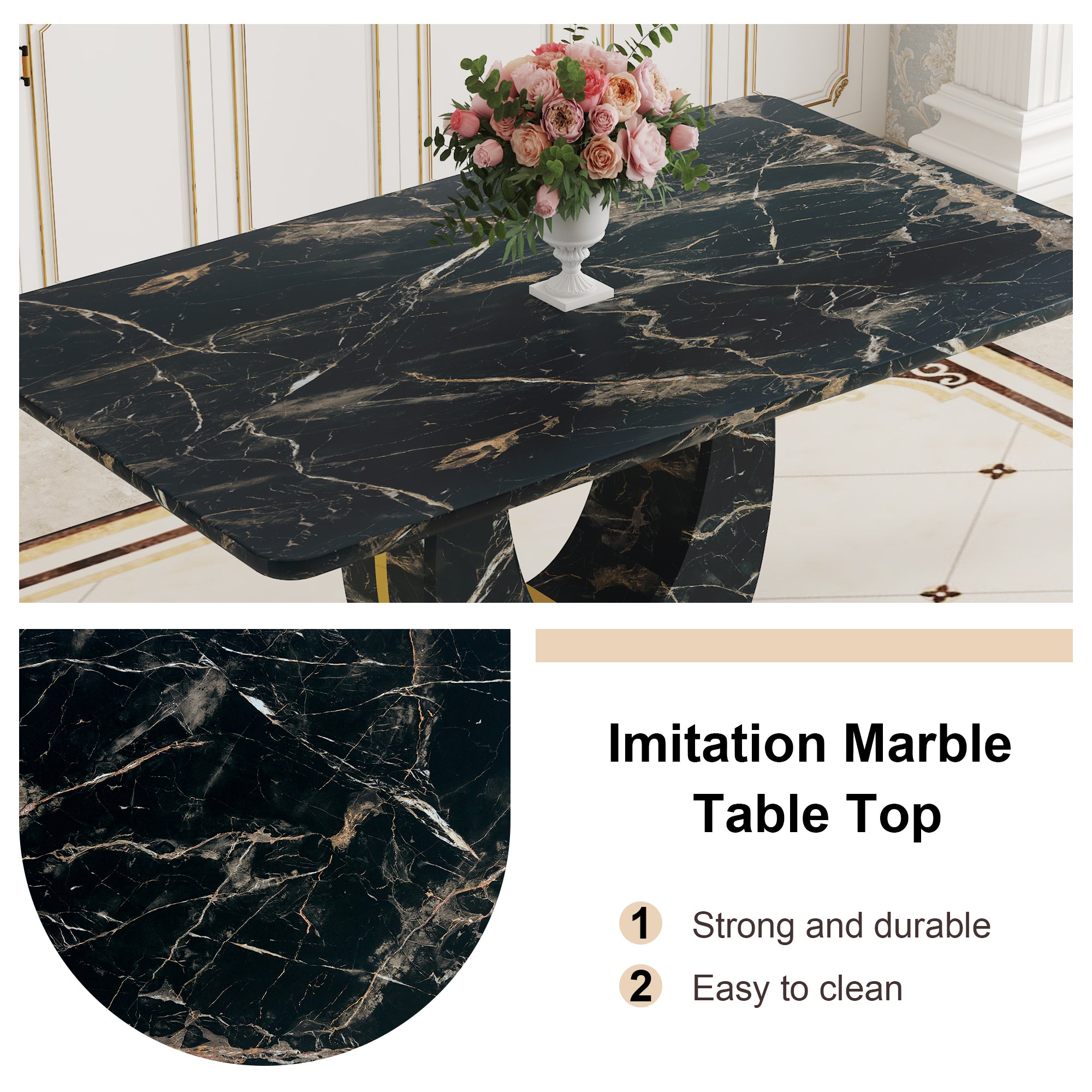 Black Marble Dining Set with 4 Chairs