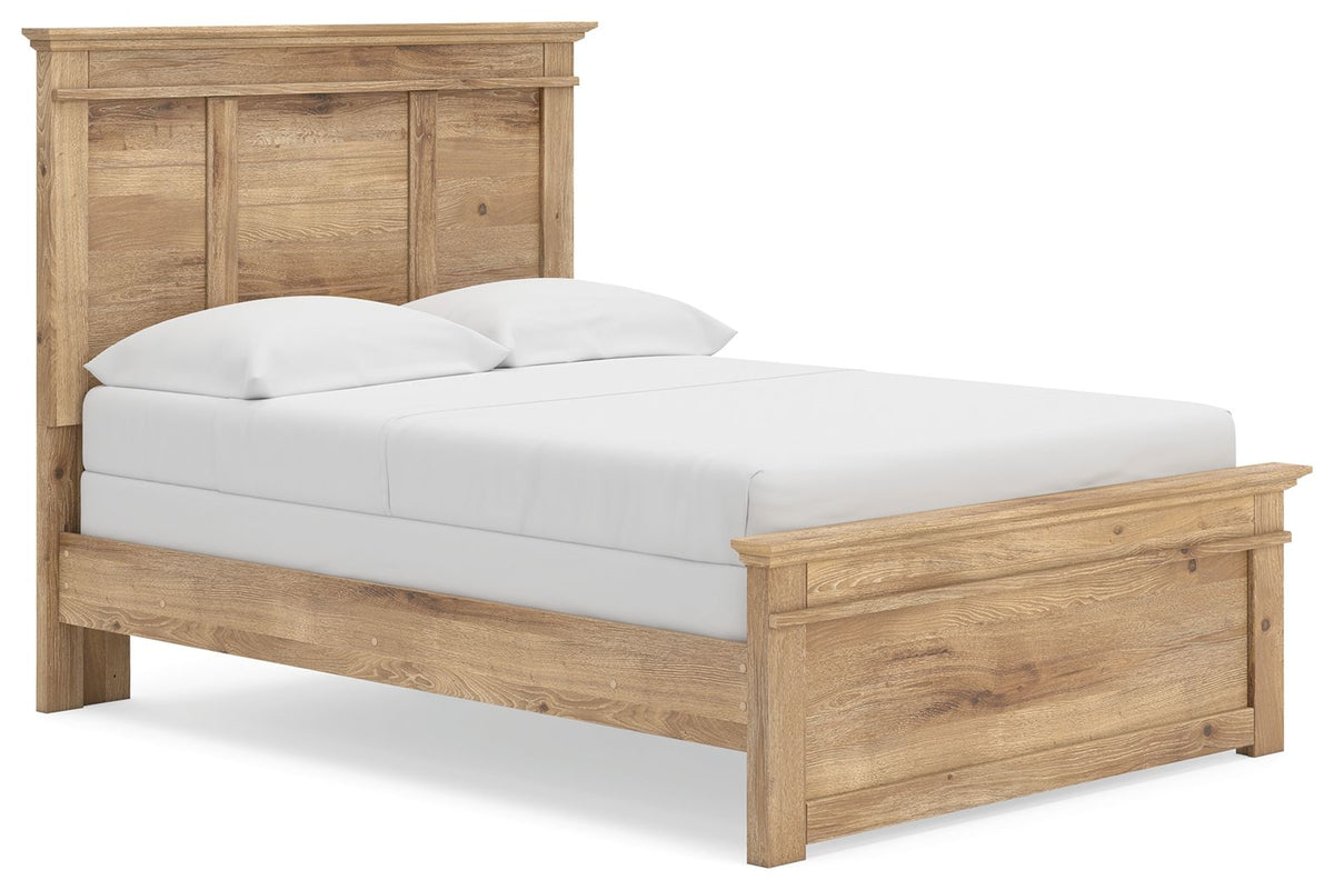 Light brown panel bed with paneled headboard, low footboard, and white bedding set.