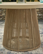 Beige outdoor dining table pedestal base with vertical woven cords