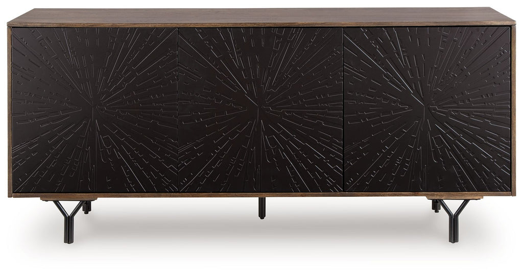 Accent cabinet with dark starburst-pattern doors and wood top, black tapered legs.
