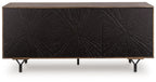 Accent cabinet with dark starburst-pattern doors and wood top, black tapered legs.