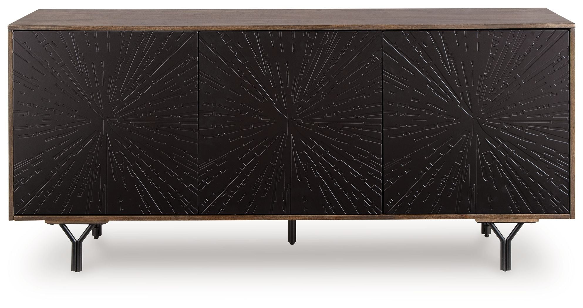 Accent cabinet with dark starburst-pattern doors and wood top, black tapered legs.