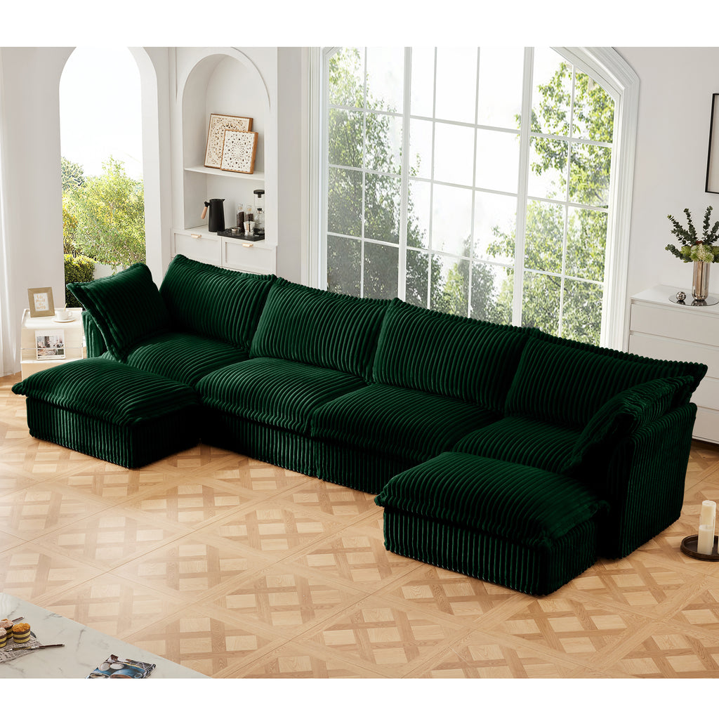 Green corduroy U-shaped sectional sofa with chaise ottomans and striped texture