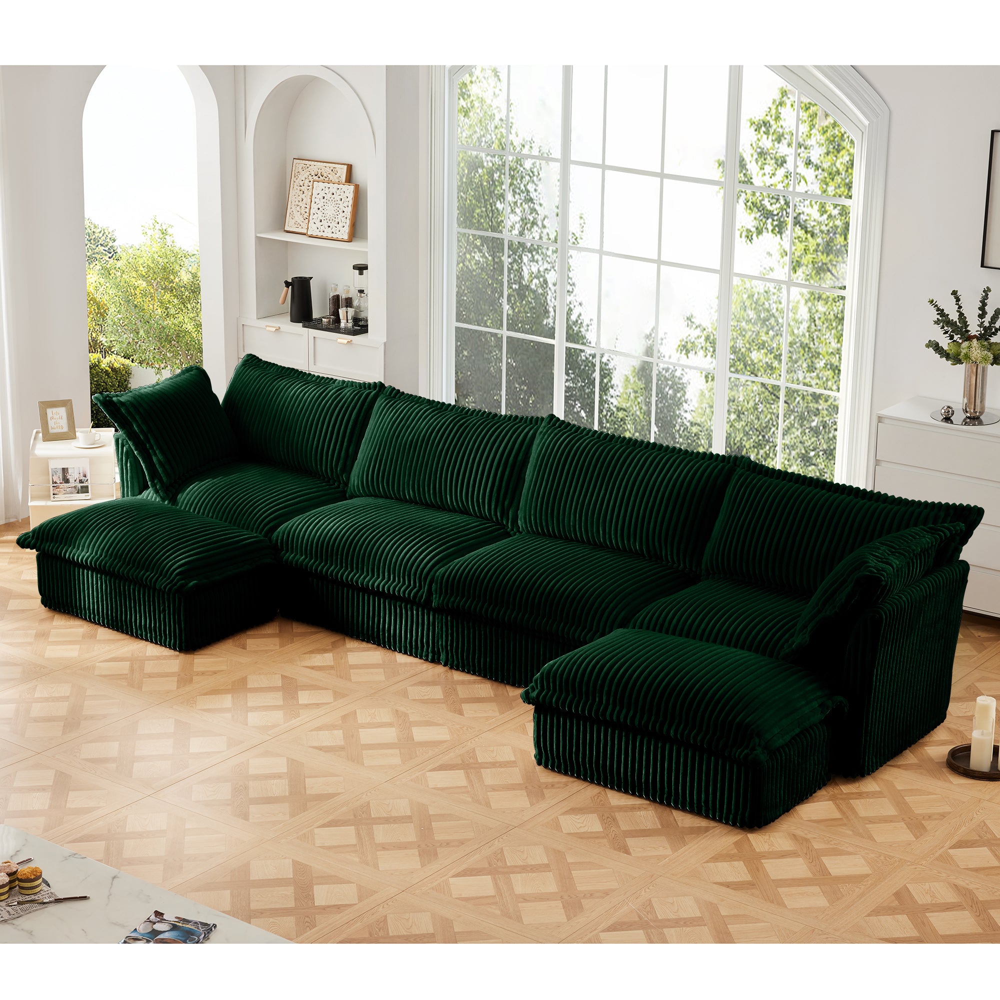 Green corduroy U-shaped sectional sofa with chaise ottomans and striped texture