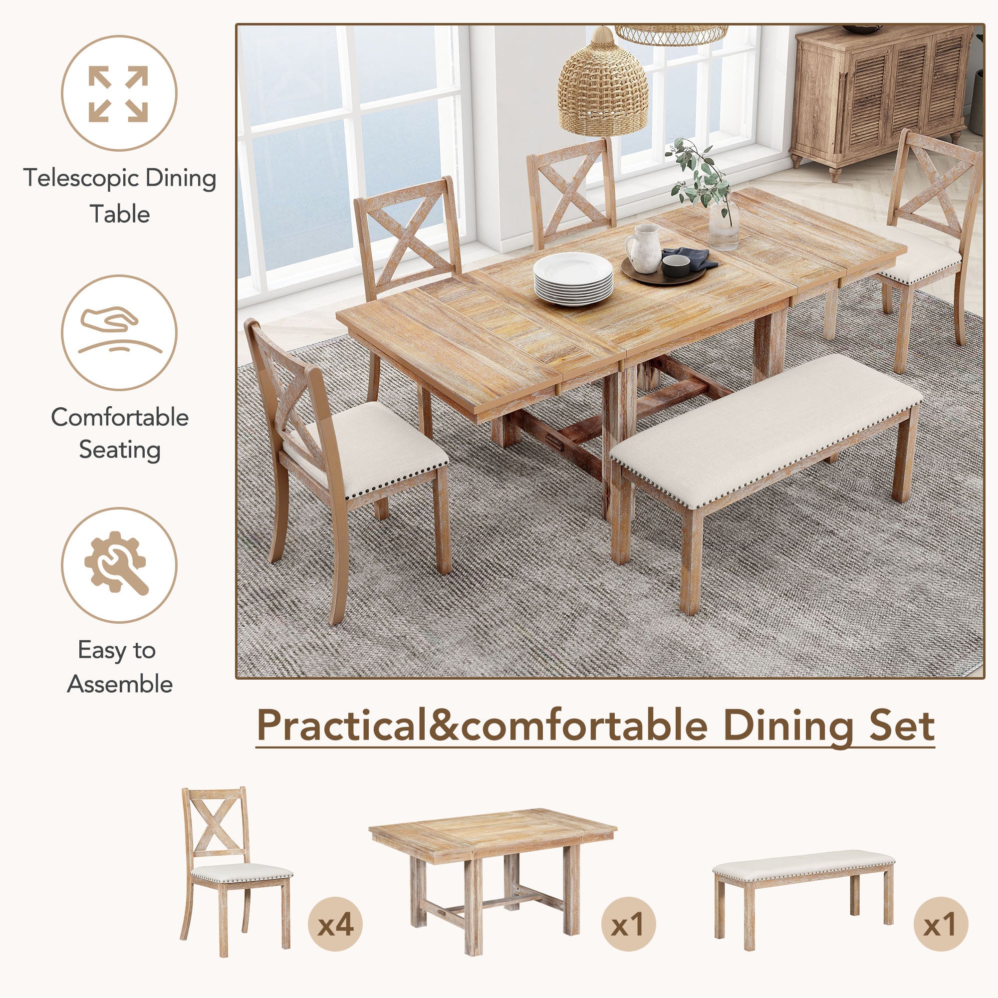 82" Farmhouse Dining Table Set, 6-Piece