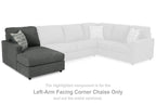 Left-arm corner chaise, dark gray upholstery with two throw pillows