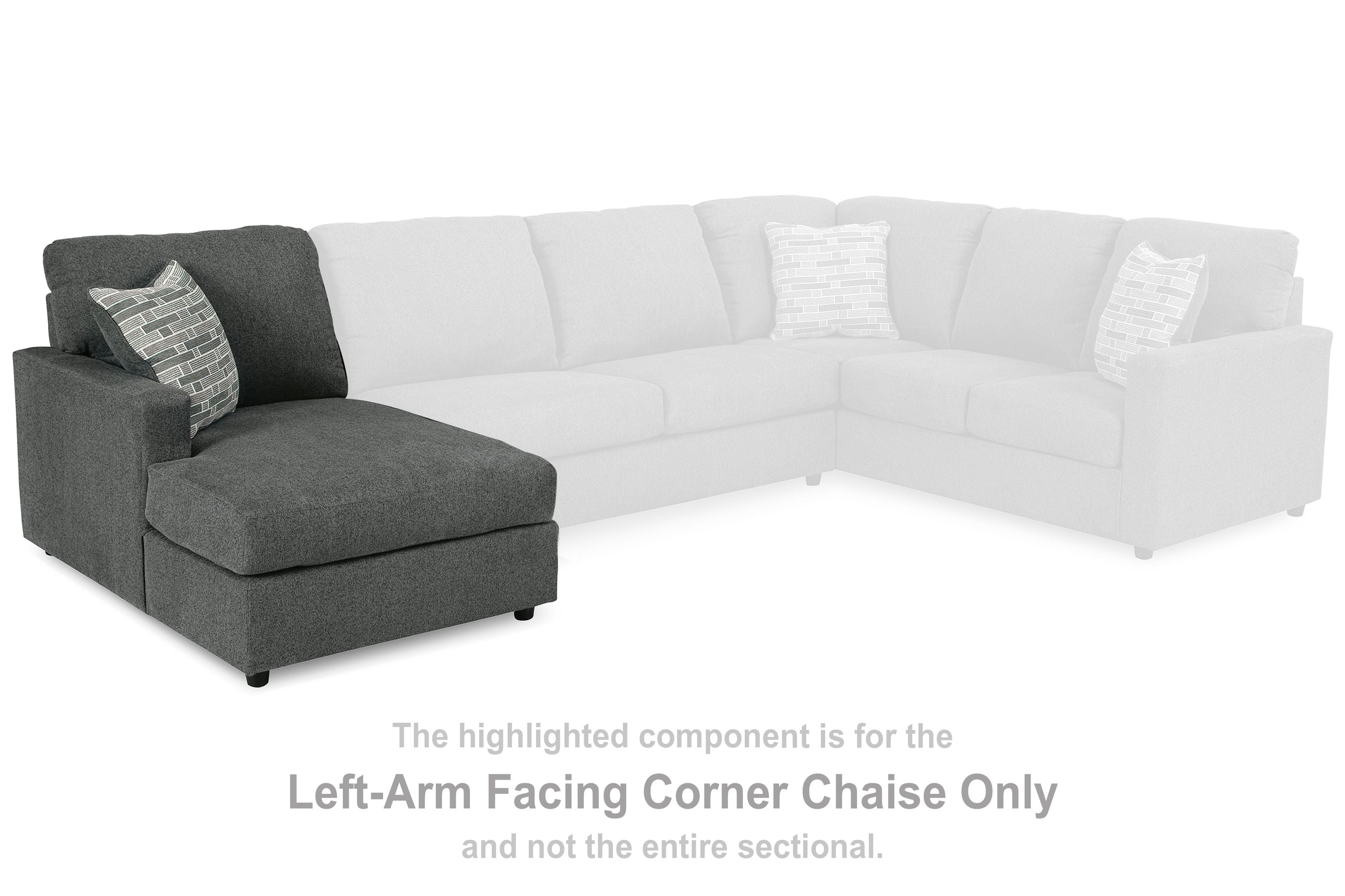 Left-arm corner chaise, dark gray upholstery with two throw pillows