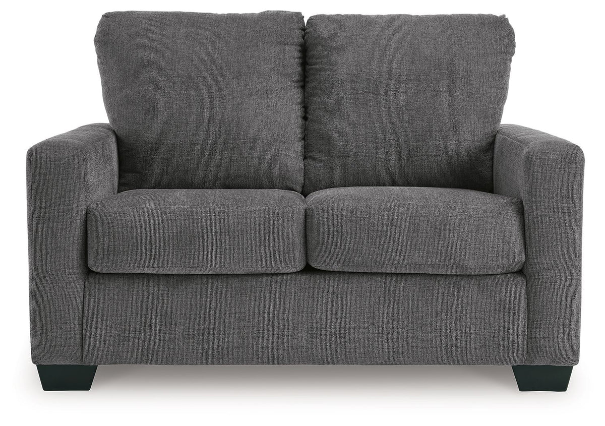 Dark gray sofa sleeper with two front seat cushions and tall back backrests