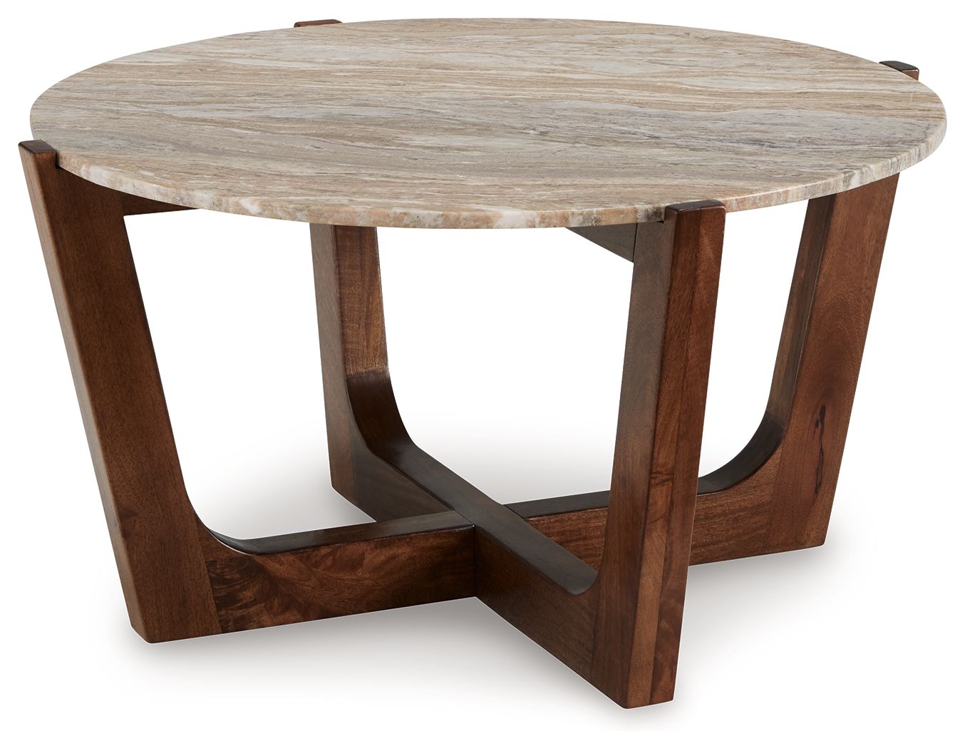 Round cocktail table with warm brown wood base and round light wood top