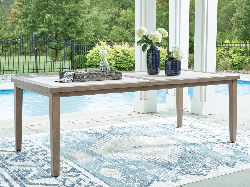 Rectangular dining table with umbrella opening, light brown finish