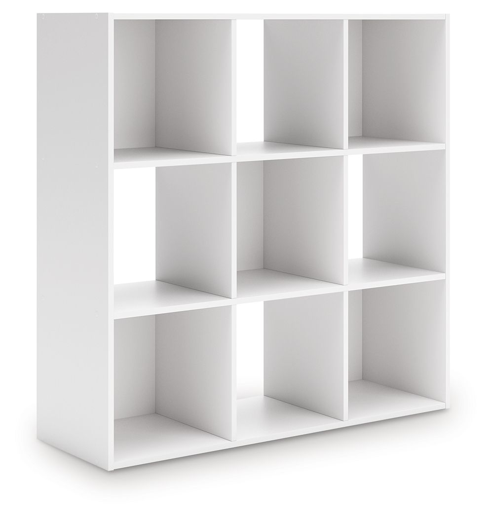 White cube storage organizer with open square cubbies, multi-compartment shelving unit